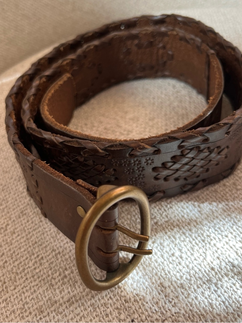 J. Crew Braided Dark Brown Leather Belt with Antique Brass Oval Buckle